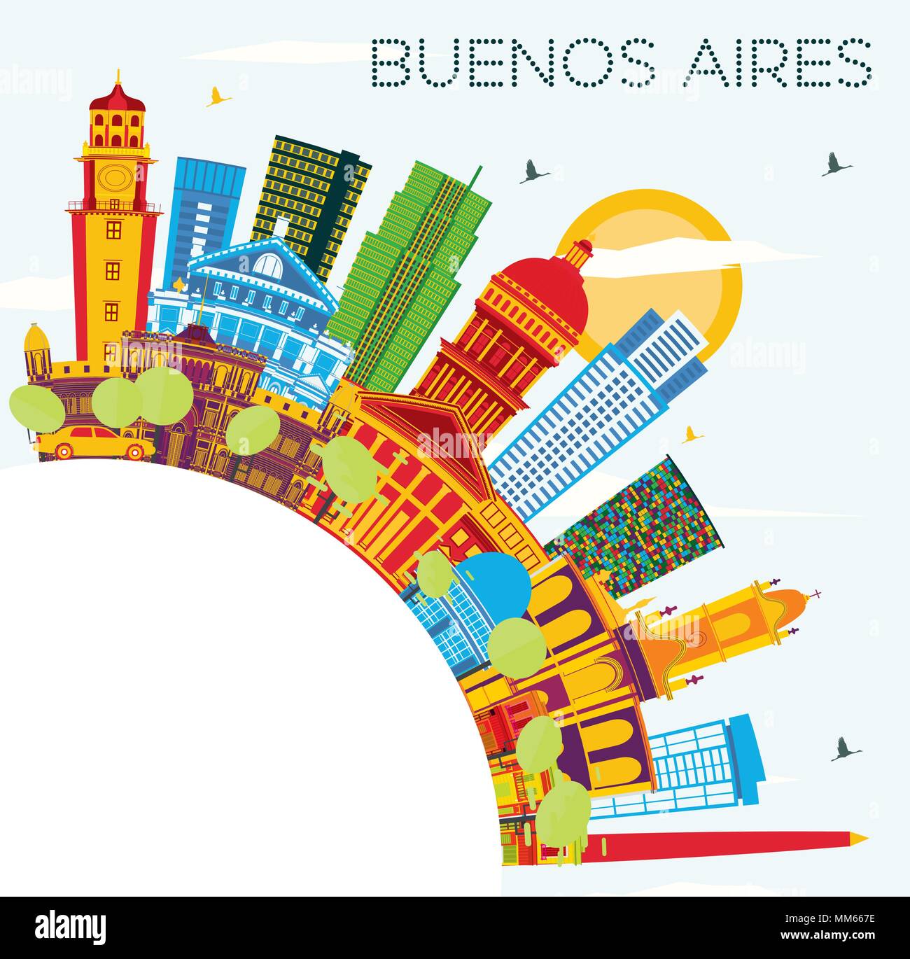 Buenos Aires Skyline con punti di riferimento di colore, il blu del cielo e spazio di copia. Illustrazione Vettoriale. Illustrazione Vettoriale
