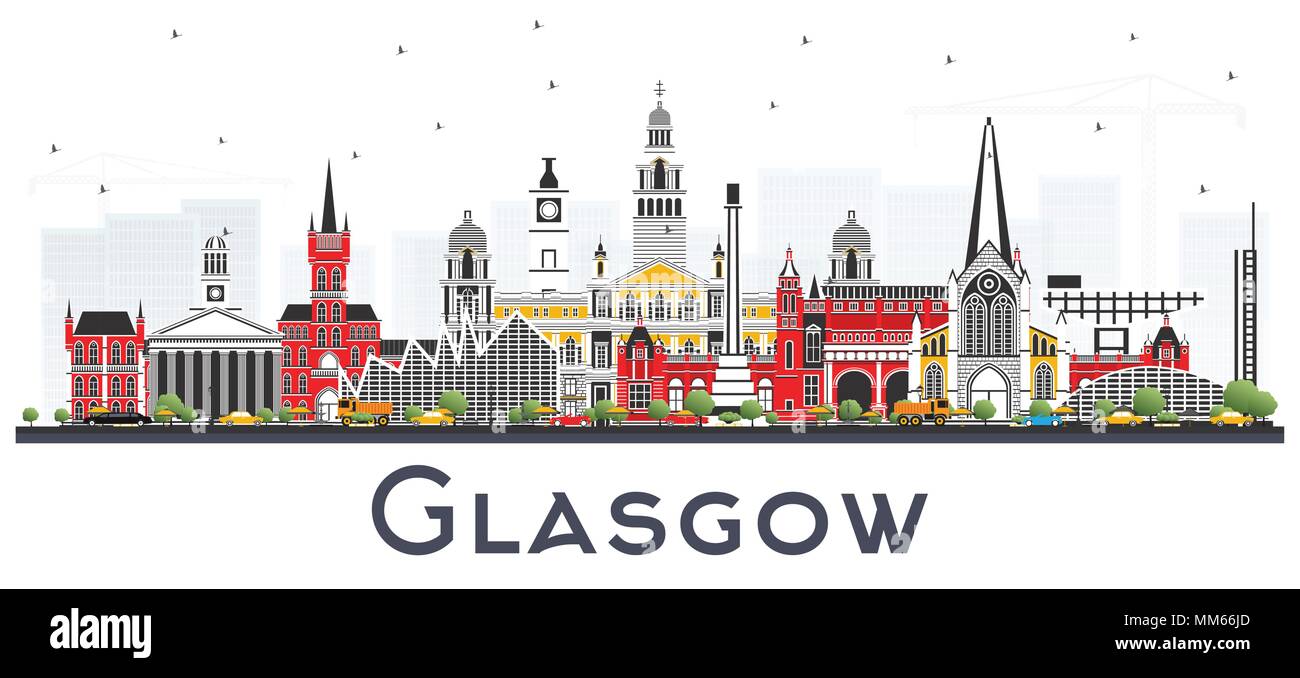 Glasgow Scozia skyline della città con edifici di colore isolato su bianco. Illustrazione Vettoriale. Illustrazione Vettoriale