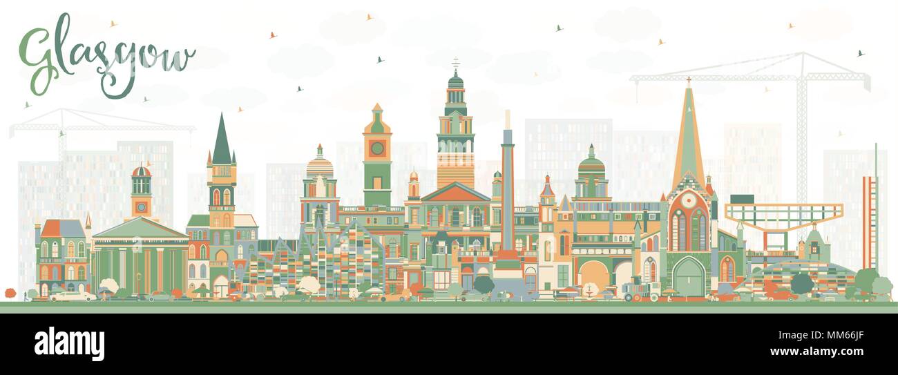 Glasgow Scozia skyline della città con edifici di colore. Illustrazione Vettoriale. Viaggi di affari e di turismo con il concetto di architettura storica. Illustrazione Vettoriale