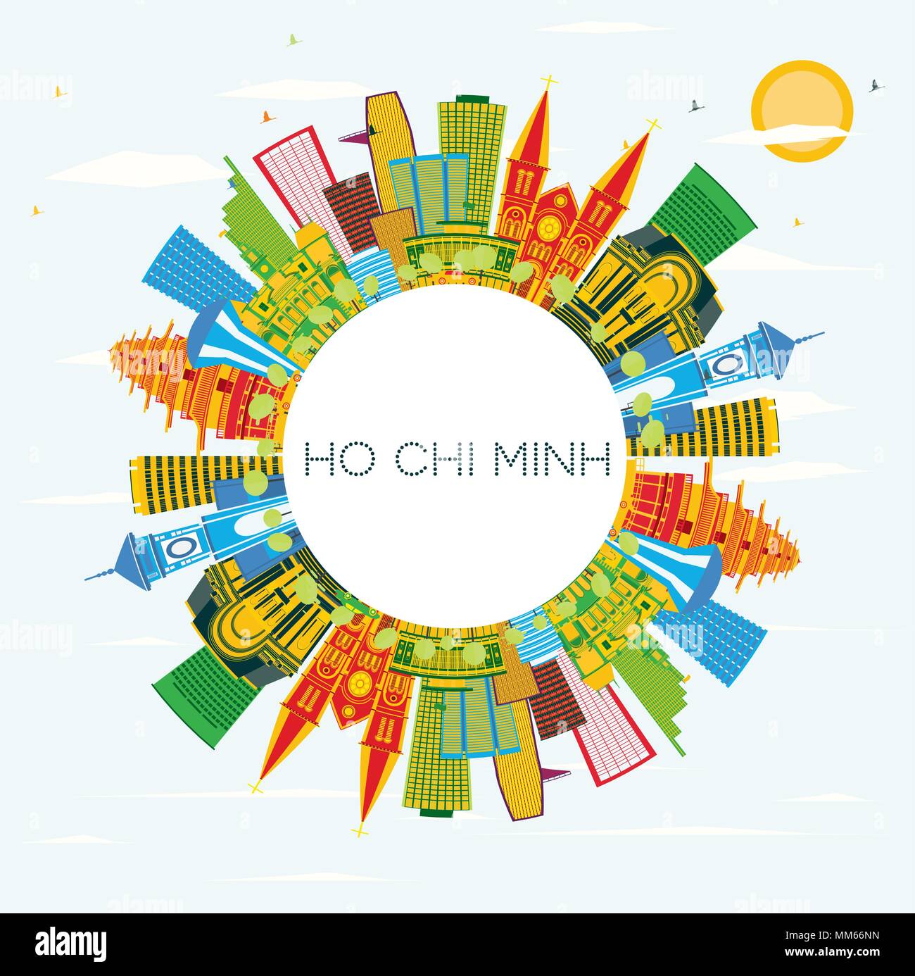 Ho Chi Minh Skyline con edifici di colore, il blu del cielo e spazio di copia. Illustrazione Vettoriale. Viaggi di affari e turismo concetto con edifici moderni. Illustrazione Vettoriale