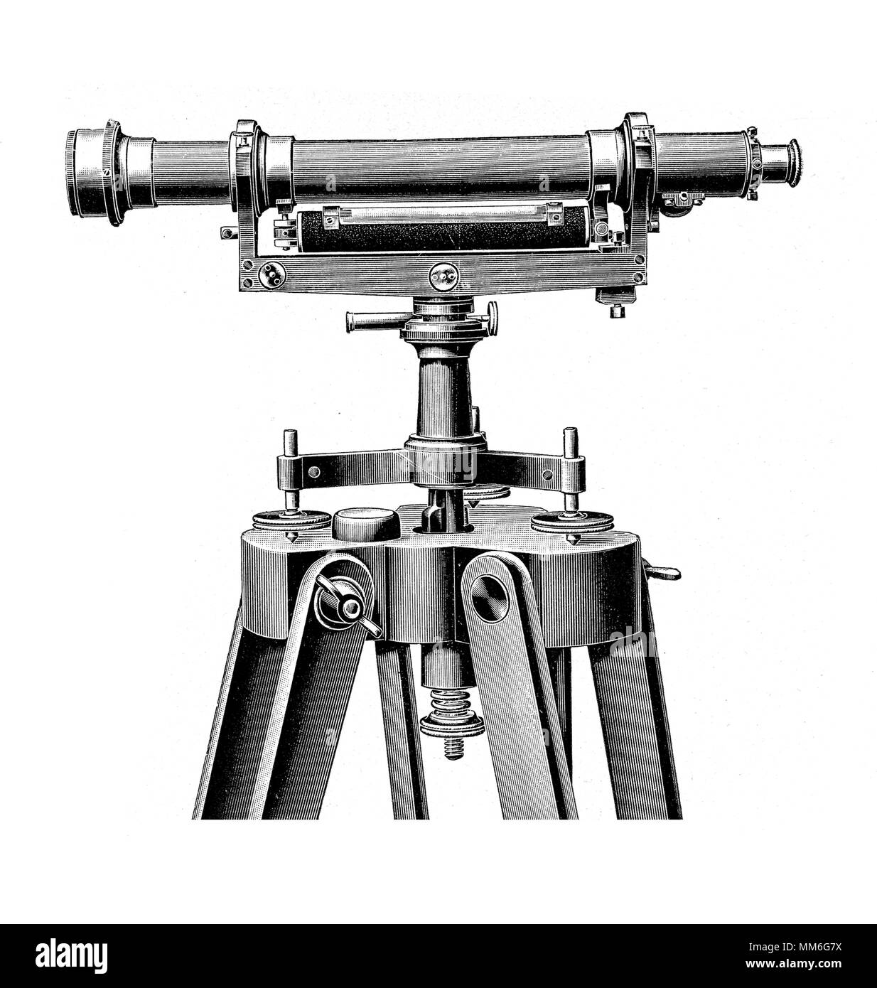 Surveyor è a livello con il cannocchiale per misurare l'altezza dei punti distanti, XIX secolo incisione Foto Stock