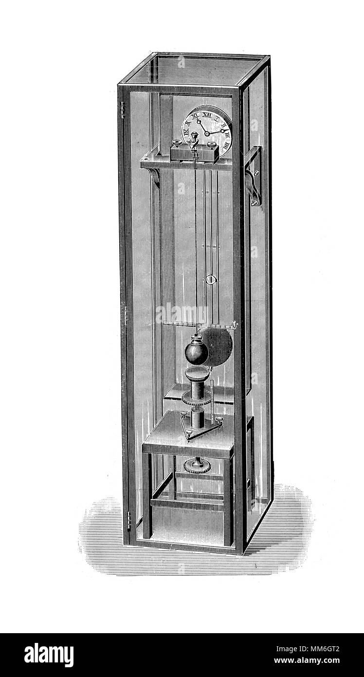Orologio a pendolo con un peso oscillante, il suo elemento di cronometraggio , incisione vintage XIX SECOLO Foto Stock