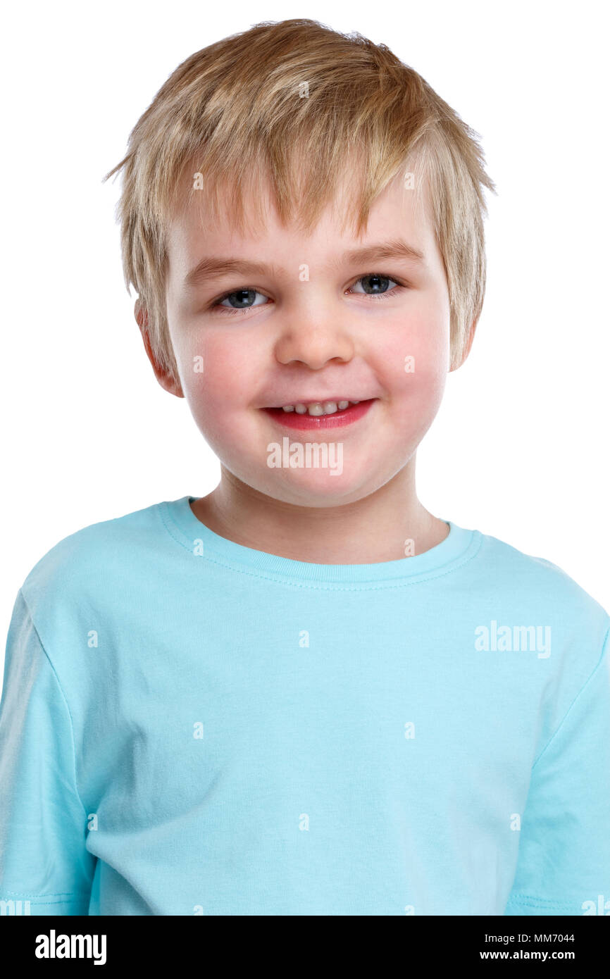Bambino kid boy ritratto volto sorridente isolato su uno sfondo bianco Foto Stock