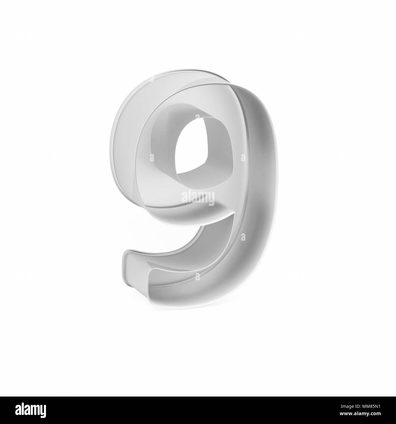 Cottura in metallo tortiera o cookie cutter come cifra matematica 9 su sfondo bianco, rendering 3D immagine font Foto Stock