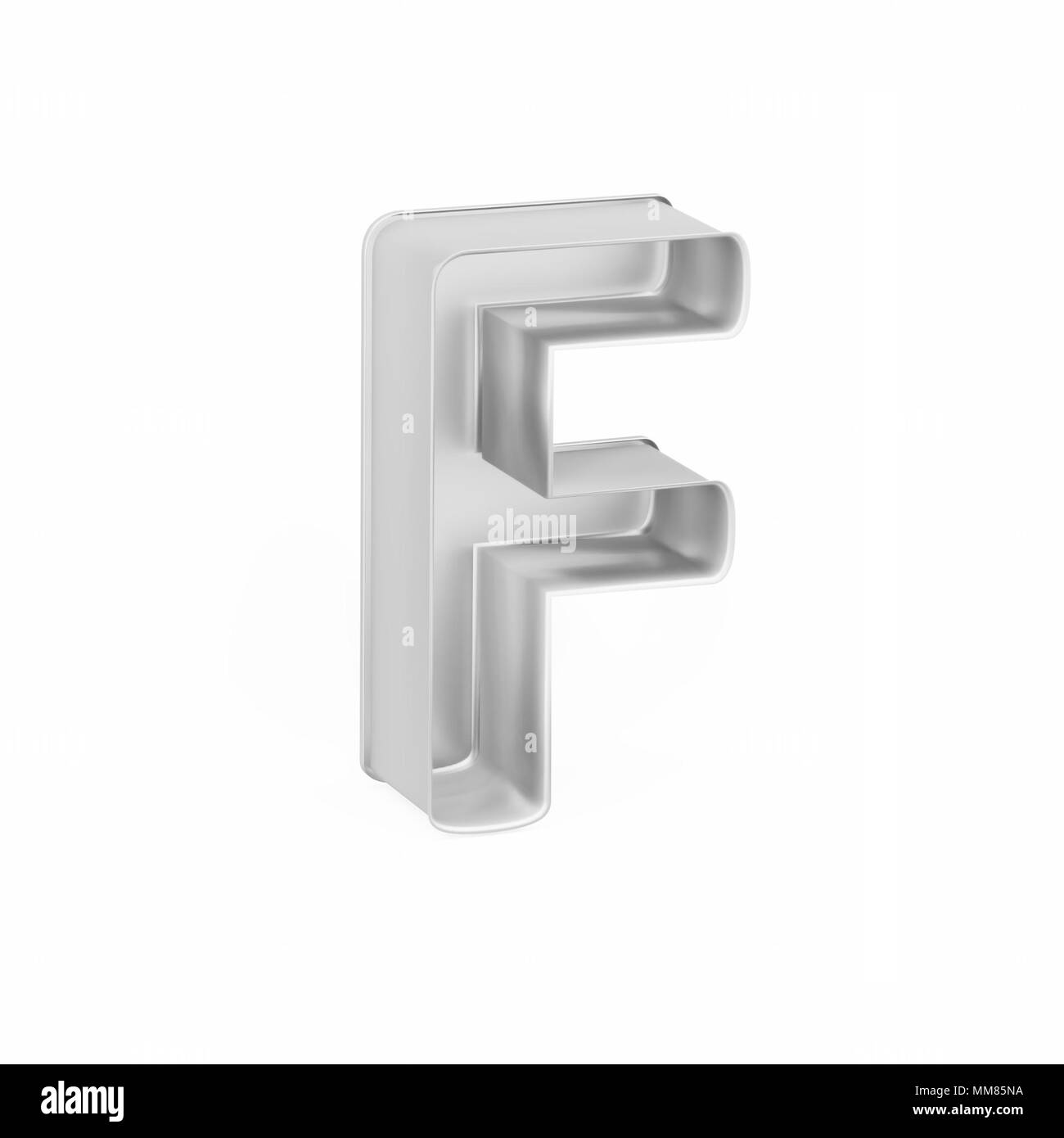 Cottura in metallo tortiera o cookie cutter come la lettera maiuscola F su sfondo bianco, rendering 3D immagine font Foto Stock