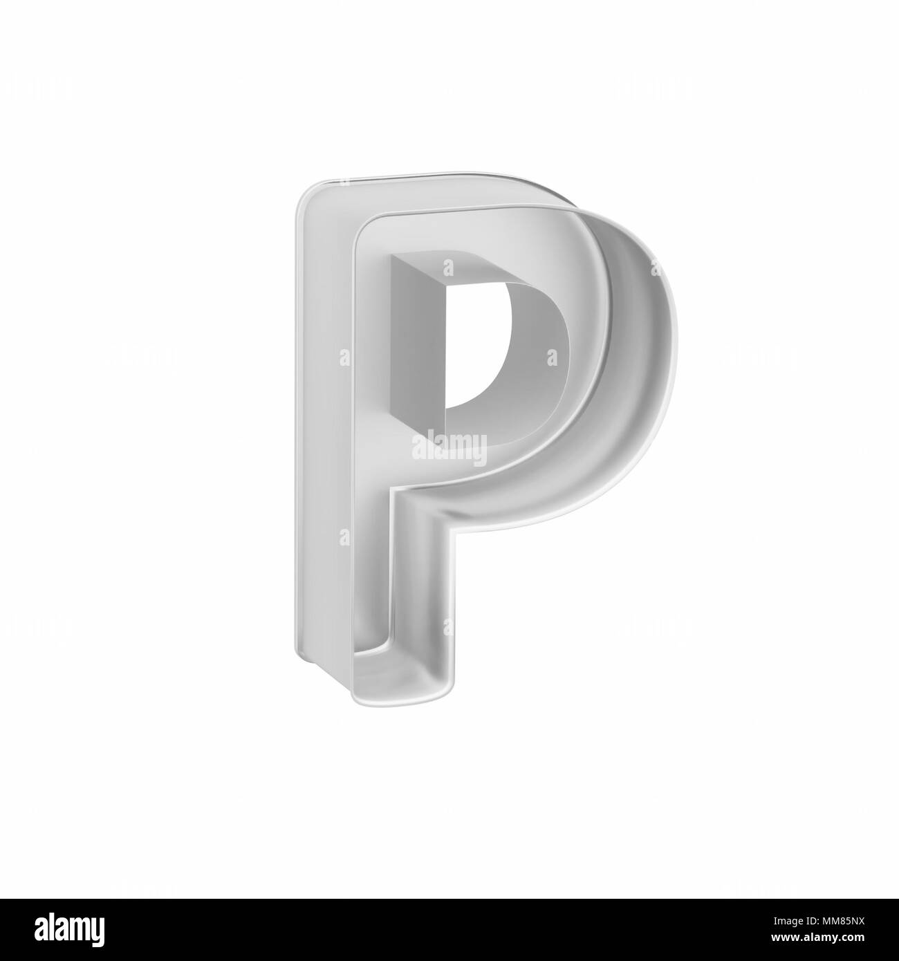 Cottura in metallo tortiera o cookie cutter come lettera maiuscola P su sfondo bianco, rendering 3D immagine font Foto Stock