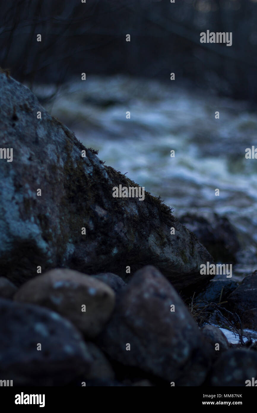 Bagnato pietre in primo piano, la molla alluvione di solito un piccolo fiume in una foresta nel nord della Svezia. Foto Stock