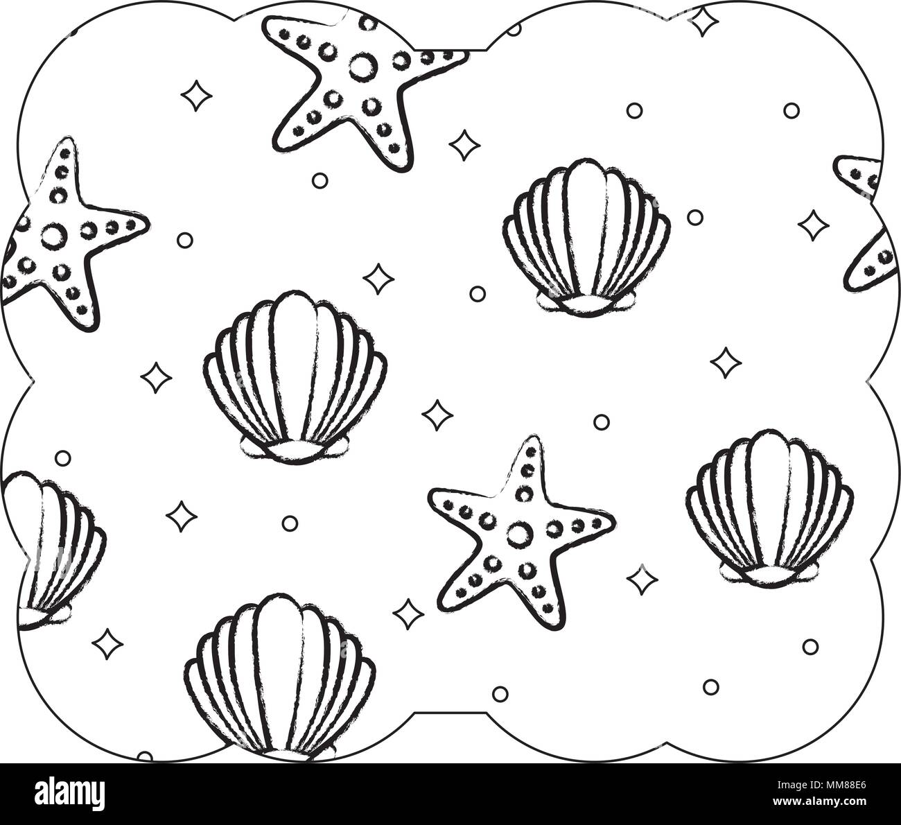 Cornice decorativa con conchiglie e stelle di mare pattern su sfondo bianco, illustrazione vettoriale Illustrazione Vettoriale