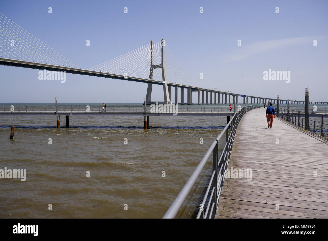 Ponte Vasco de Gama, visto dal Tage banche, Parco delle nazioni, Lisbona, Portogallo Foto Stock