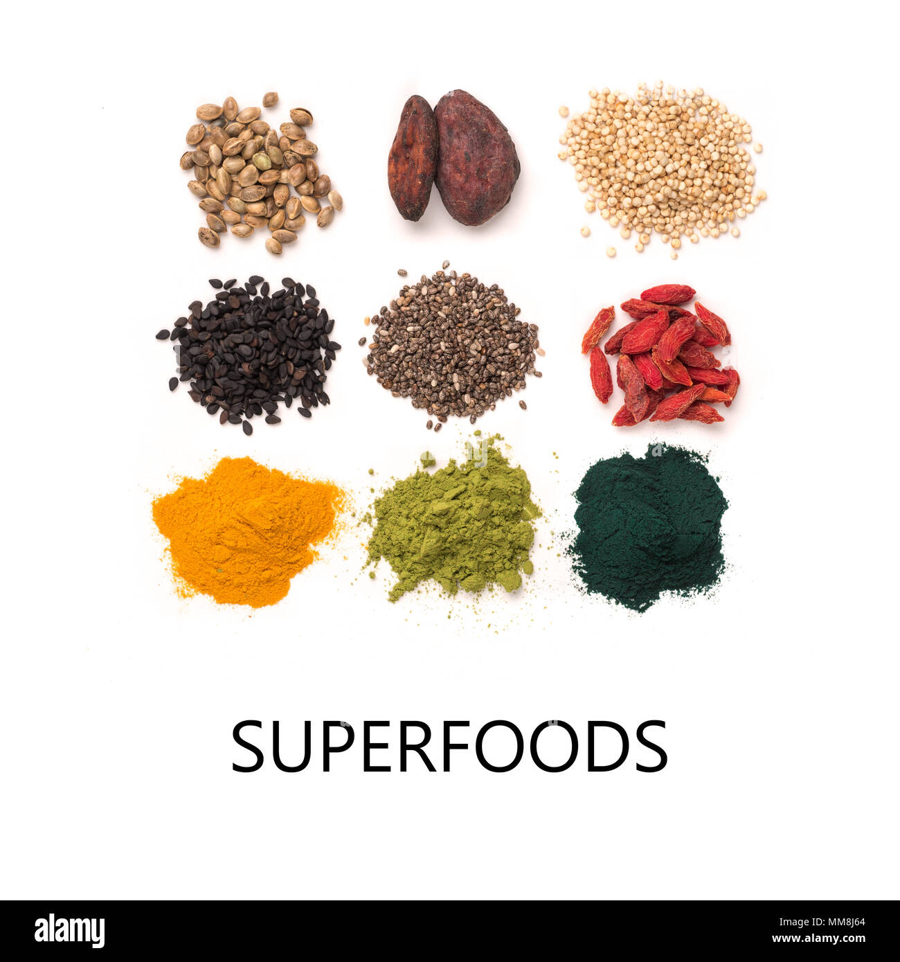 Piccolo mucchio di vari superfoods isolati su sfondo bianco. Super come chia, spirulina, matcha Polvere di tè, materie fava di cacao, goji, canapa, quinoa, sesamo nero, curcuma. Copia spazio per il testo.vista superiore Foto Stock