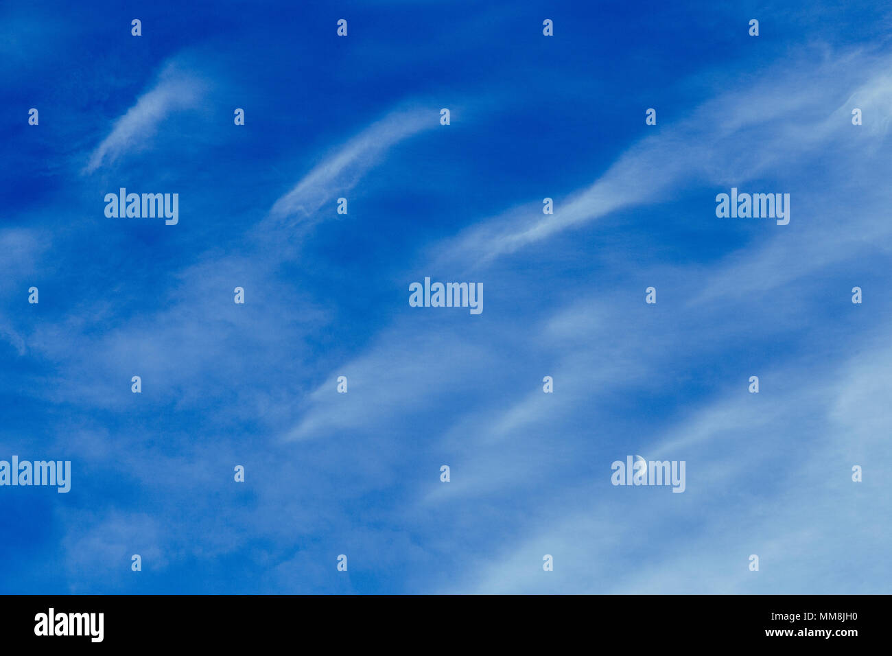 Mezzaluna dietro ad alta altitudine cirrus nuvole contro un cielo blu Foto Stock