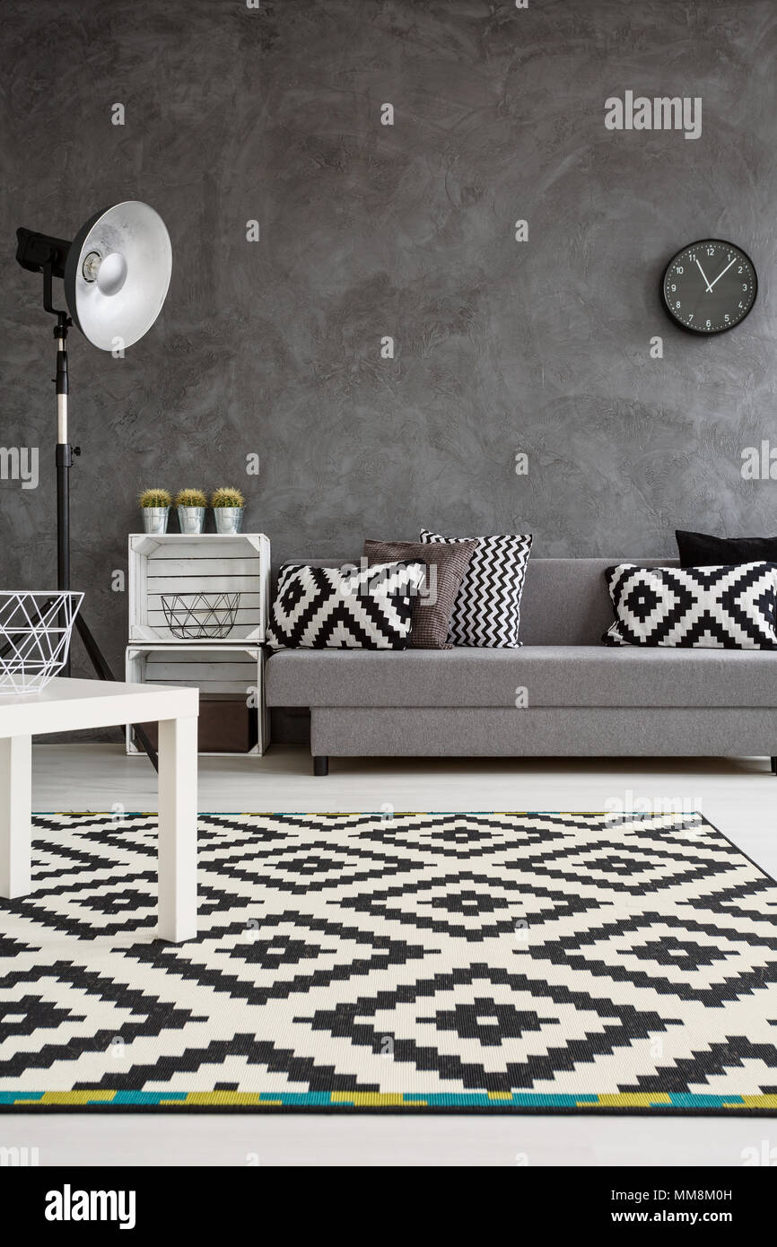 Arredamento moderno di soggiorno con pareti di colore grigio e bianco e nero  tappeto sul pavimento in legno Foto stock - Alamy