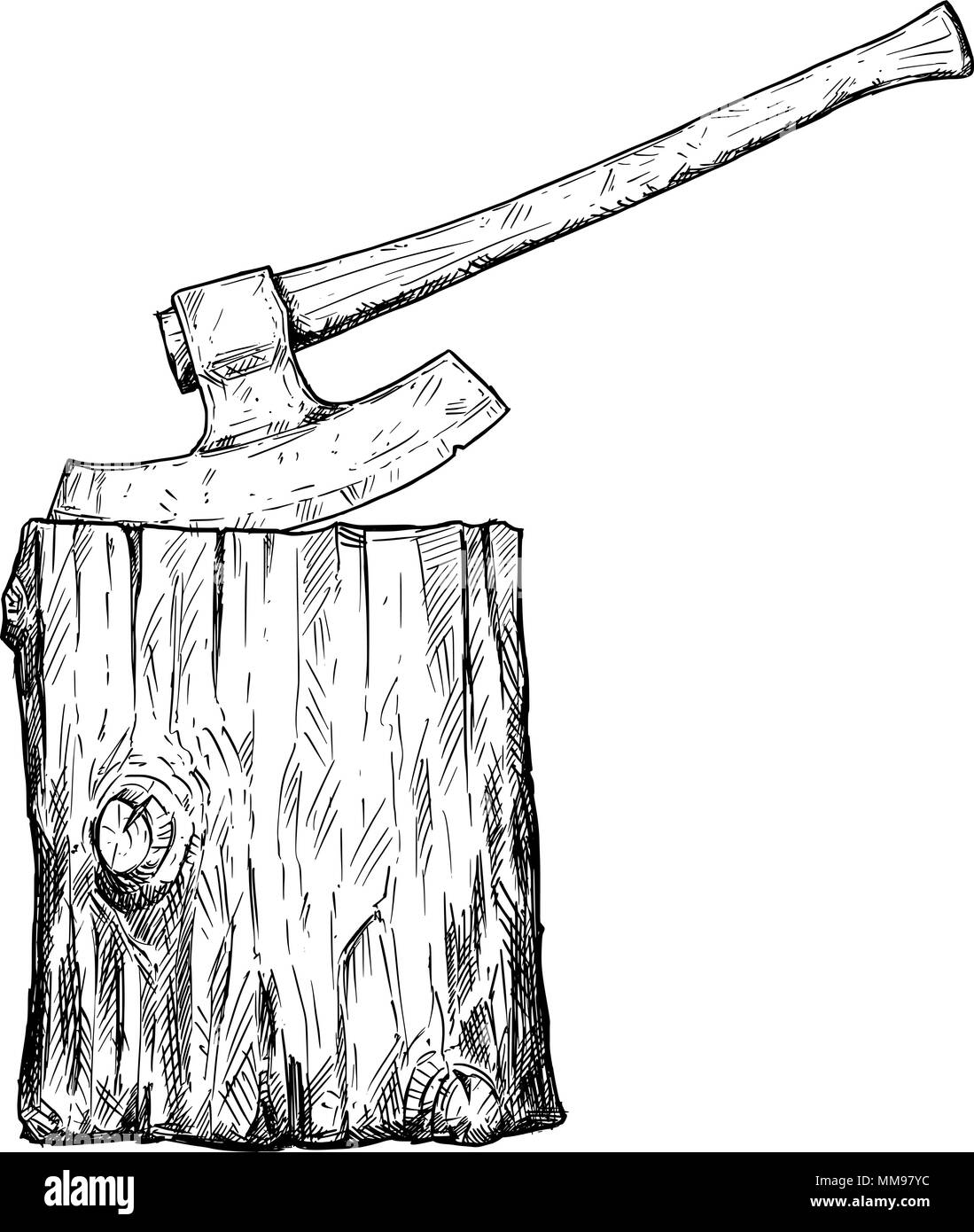 Vettore di disegno artistico illustrazione del boia medievale Ax o Ax e blocco di esecuzione Illustrazione Vettoriale