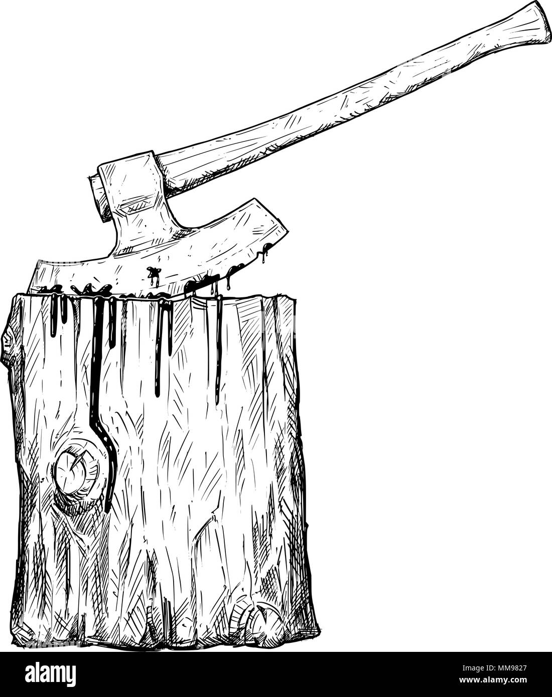 Vettore di disegno artistico illustrazione del boia medievale Ax o Ax e blocco di esecuzione Illustrazione Vettoriale