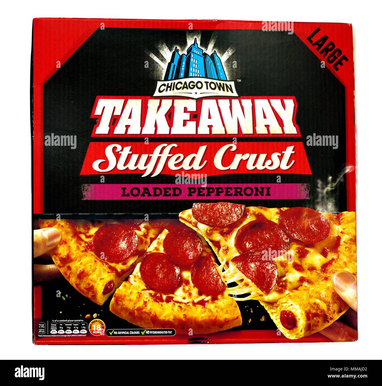 La città di Chicago caricato da asporto ripieni di salsiccia per pizza pizza box Foto Stock