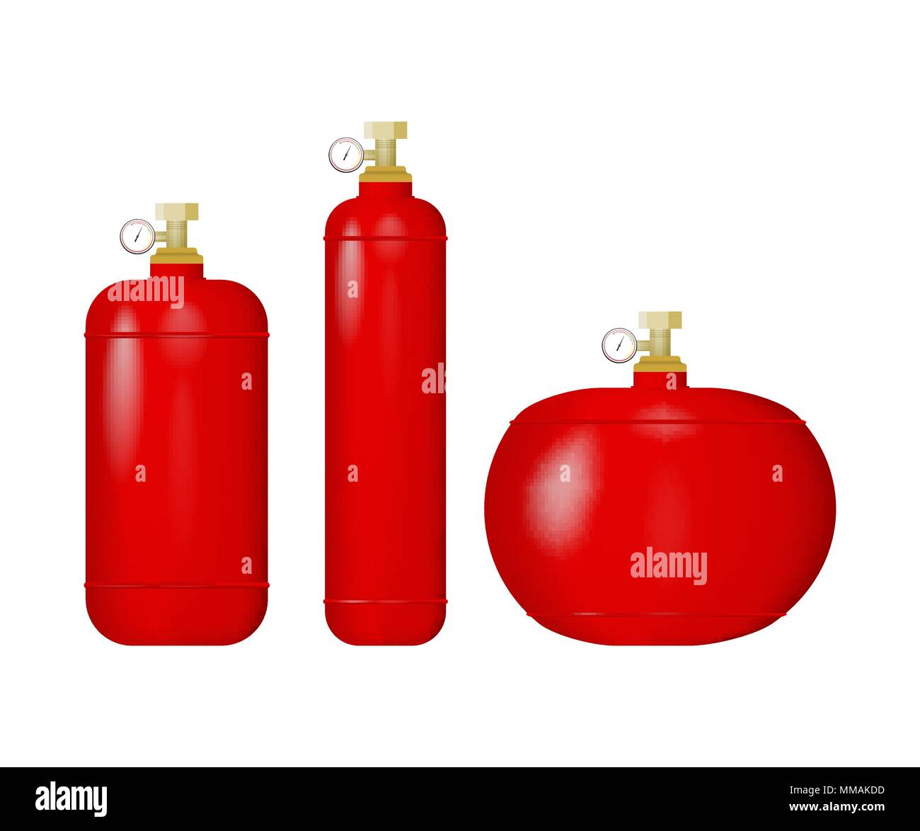 Serie di cilindri di rosso con gas liquefatto. Illustrazione vettoriale di una bombola GPL. Metano, propano, butano e gas naturale. Illustrazione Vettoriale