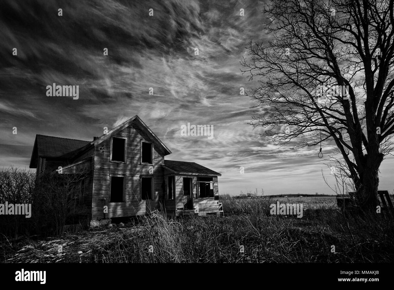 Foto in bianco e nero di un vecchio scary fattoria abbandonata che sta peggiorando con il tempo con un vecchio albero e un impiccato il cappio. Foto Stock