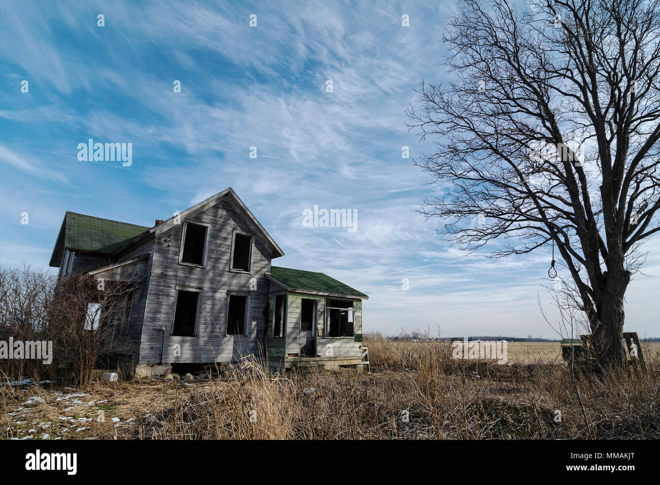 Foto di un vecchio scary abbandonato farm house che peggiora con il tempo e l'incuria. Potenziato con un vecchio albero e un impiccato il cappio Foto Stock