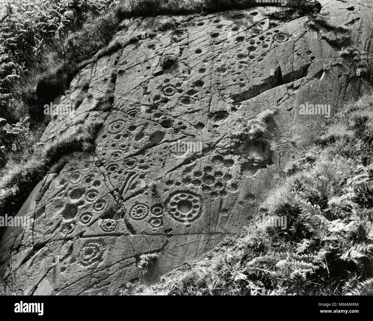 Visualizzare NW alla preistoria le sculture di roccia su un affioramento di scisto (epidiorite) a Ormaig 4km NW di Kilmartin Argyll and Bute, Scotland, Regno Unito. Foto Stock