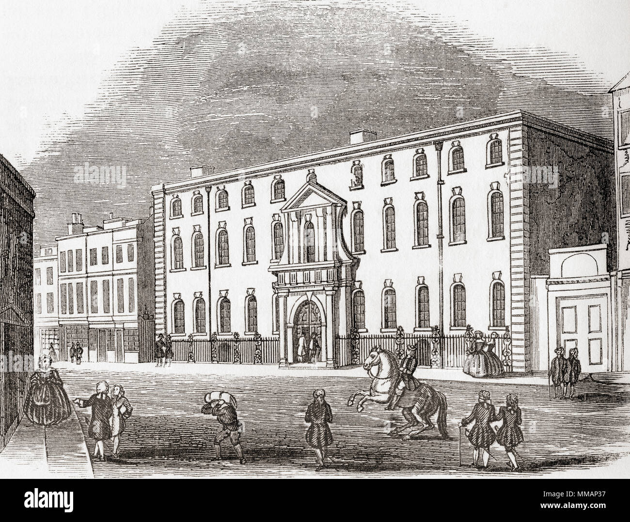 Il vecchio Sud Casa del mare, all'angolo di Bishopsgate Street e Threadneedle Street, Città di Londra, Inghilterra. Visto qui nel 1754 l'edificio fu sede della South Sea Company ed è stata bruciata nel 1826. Da Vecchia Inghilterra: un museo pittorico, pubblicato nel 1847. Foto Stock
