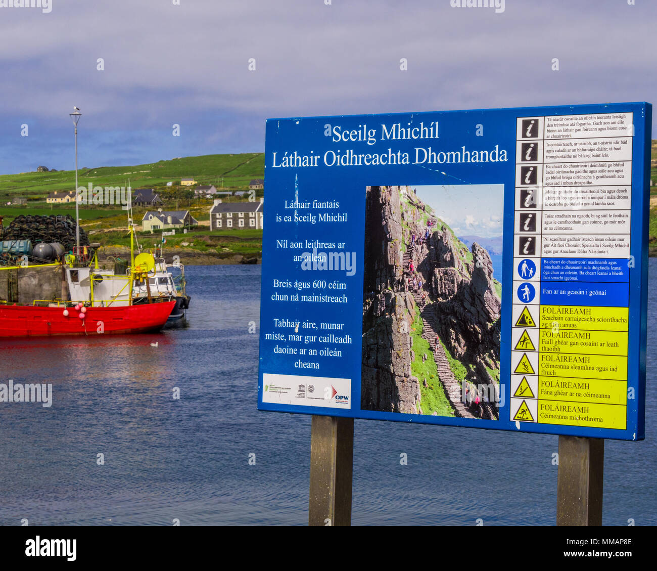 Skellig Michael informazioni tabella - KERRY / Irlanda - 5 maggio 2018 Foto Stock