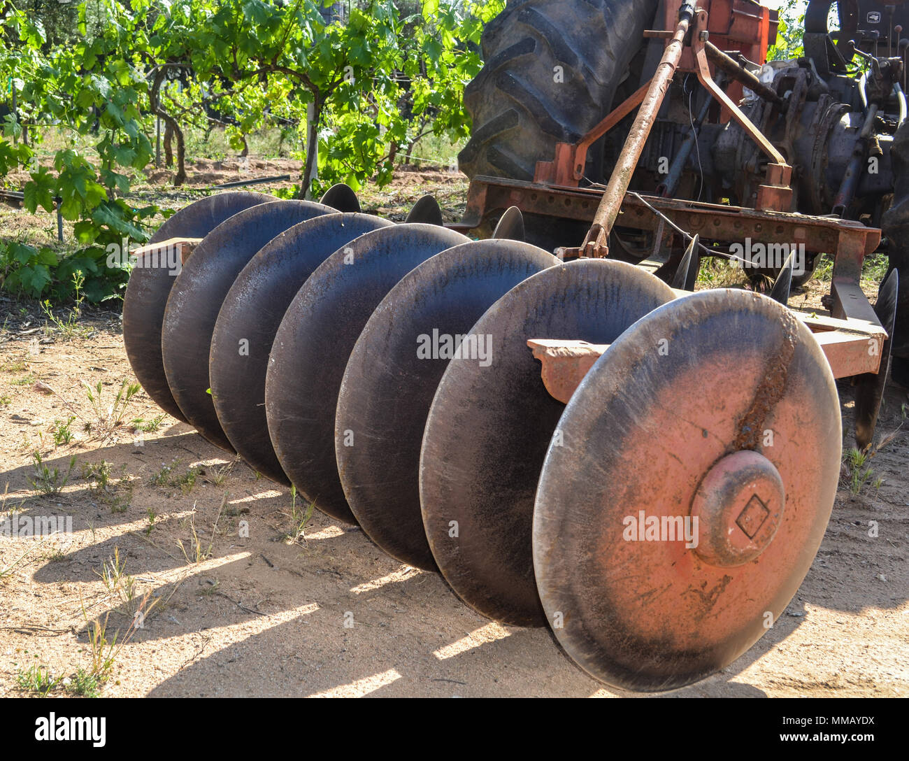 Rancho Bernardo in California - la più antica cantina di lavoro. Vintage scene arrugginita farm equipment per mulini a vento pigramente di filatura nella brezza. Fiori Foto Stock