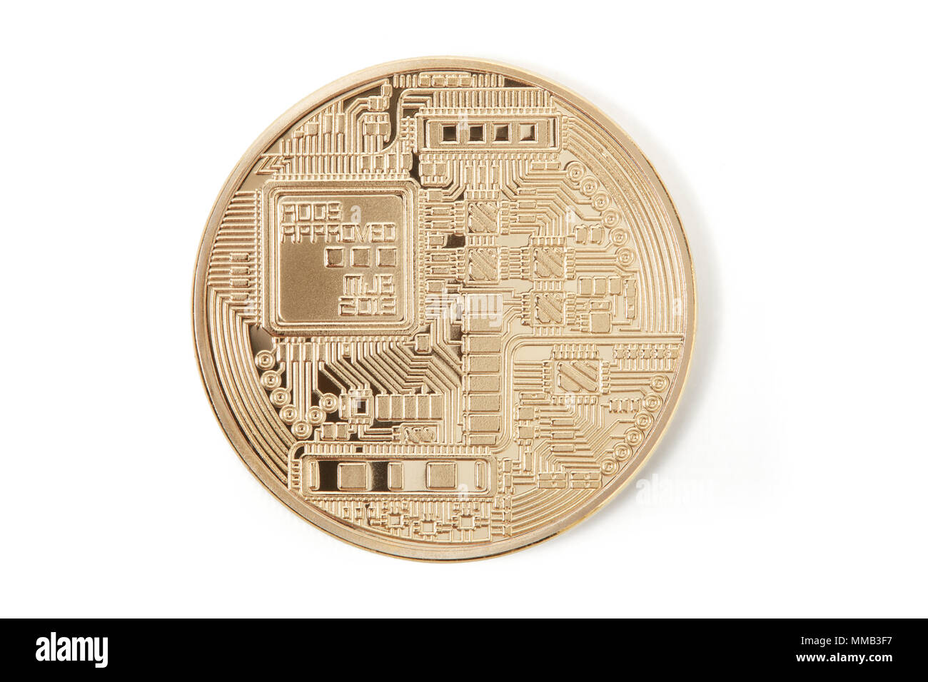 Bitcoin indietro, golden coin isolato su bianco, percorso di clipping incluso Foto Stock