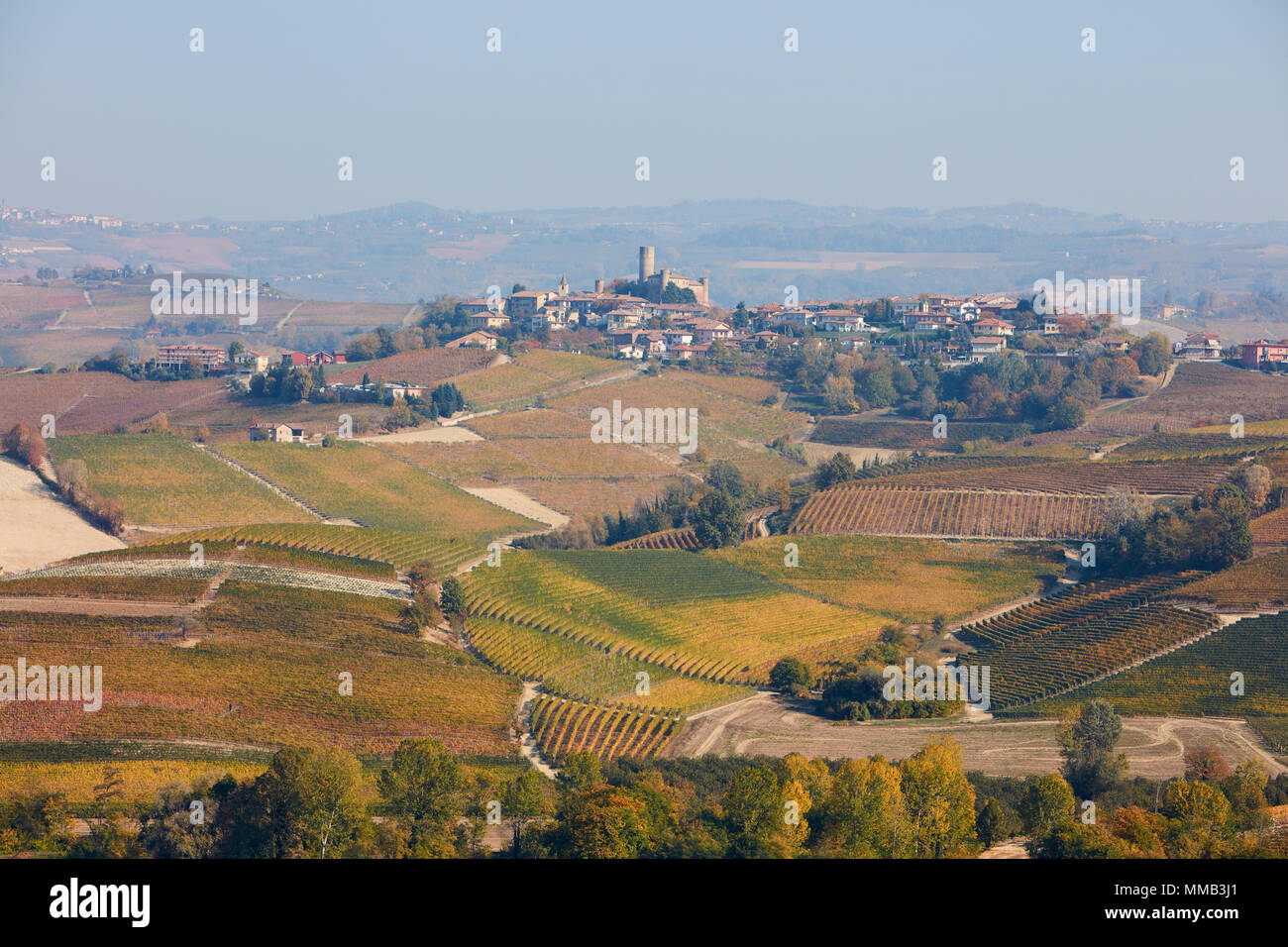 Serralunga d'Alba città sulla collina circondata da vigneti e campi in autunno, Italia Foto Stock