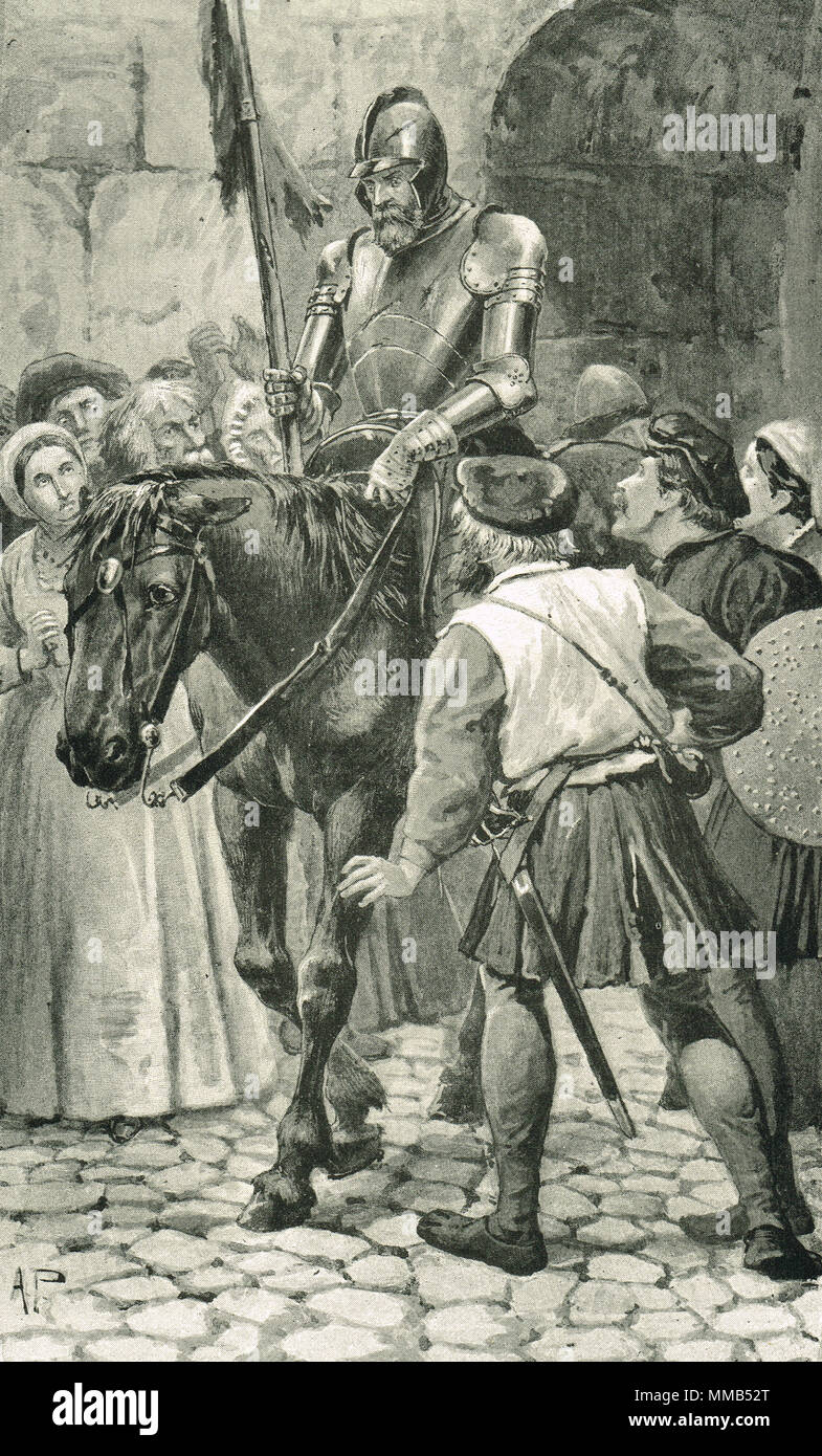 Il Randolph Murray, superstite della battaglia di Flodden 1513, tornando a Edimburgo, portando la notizia della sconfitta Foto Stock