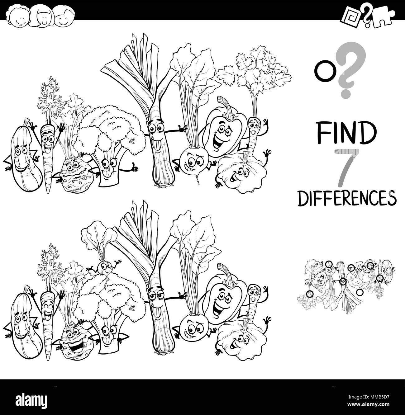 Bianco e Nero Cartoon illustrazione di trovare 7 differenze tra le immagini delle attività educative gioco per bambini con verdure cibo caratteri Illustrazione Vettoriale