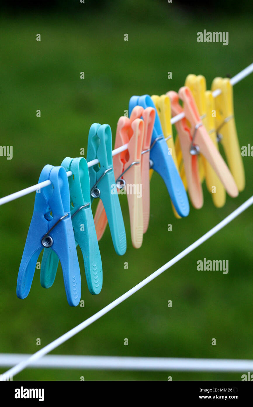 Giorno di lavaggio nel giardino, close up vivacemente colorato pioli su una linea di lavaggio con una offuscata sfondo verde Foto Stock