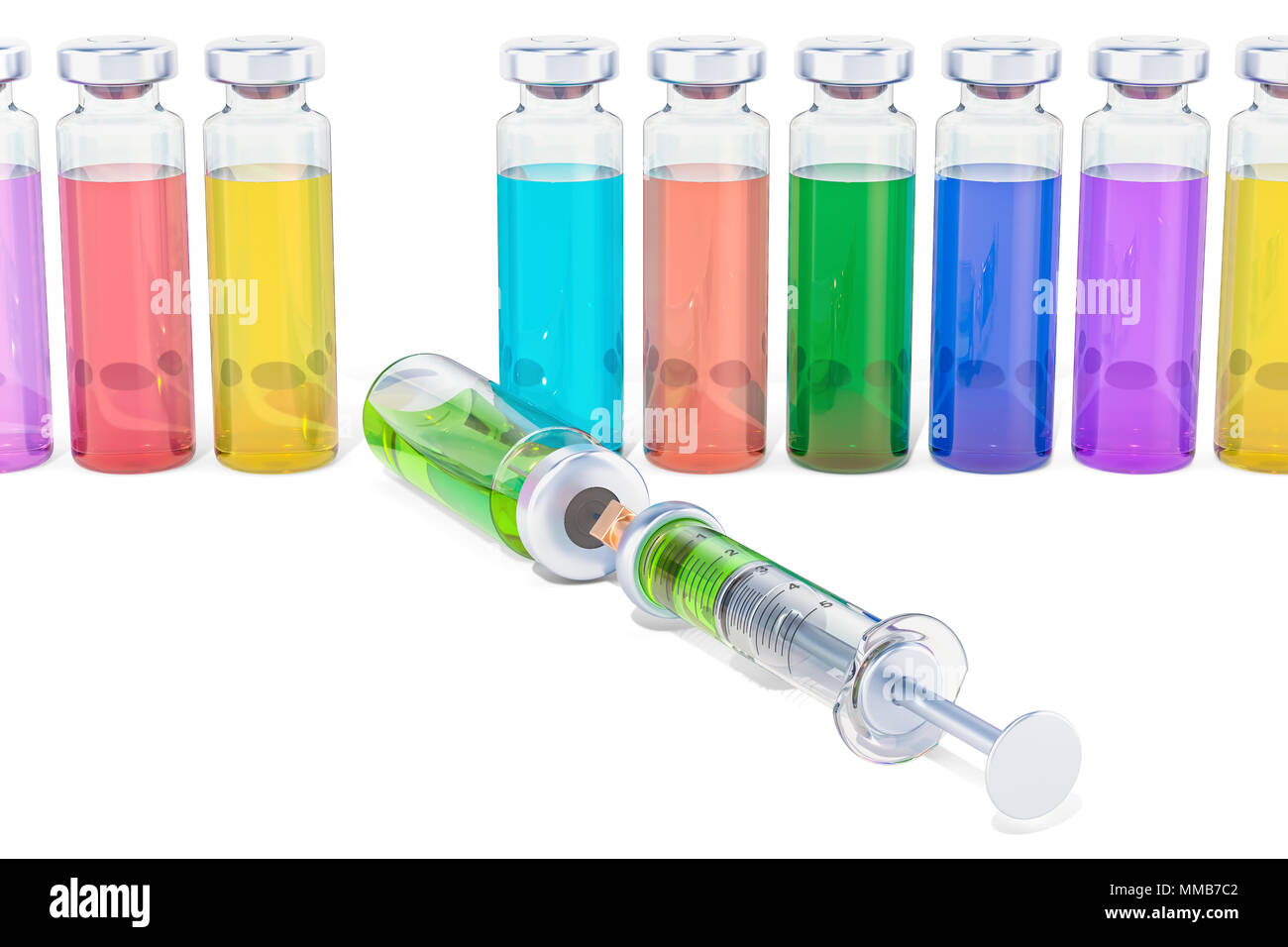 Siringa con fiale, la ricerca o la scelta del concetto di vaccino, rendering 3D Foto Stock