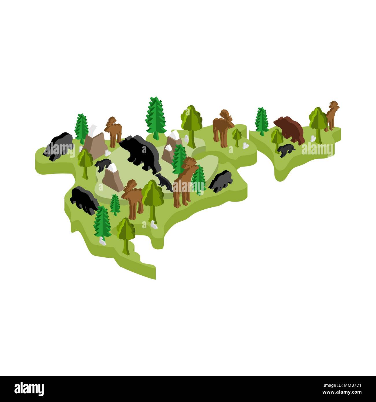 Mappa del nord America animale stile isometrico. flora e fauna. Illustrazione Vettoriale Illustrazione Vettoriale