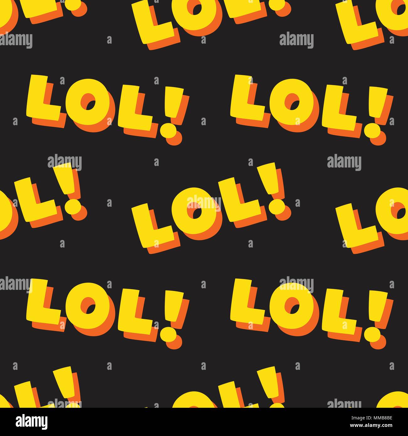 Vettore di Seamless pattern con abbreviazione del testo, "LOL!". Divertenti in sfondo nero, giallo arancio. Illustrazione Vettoriale