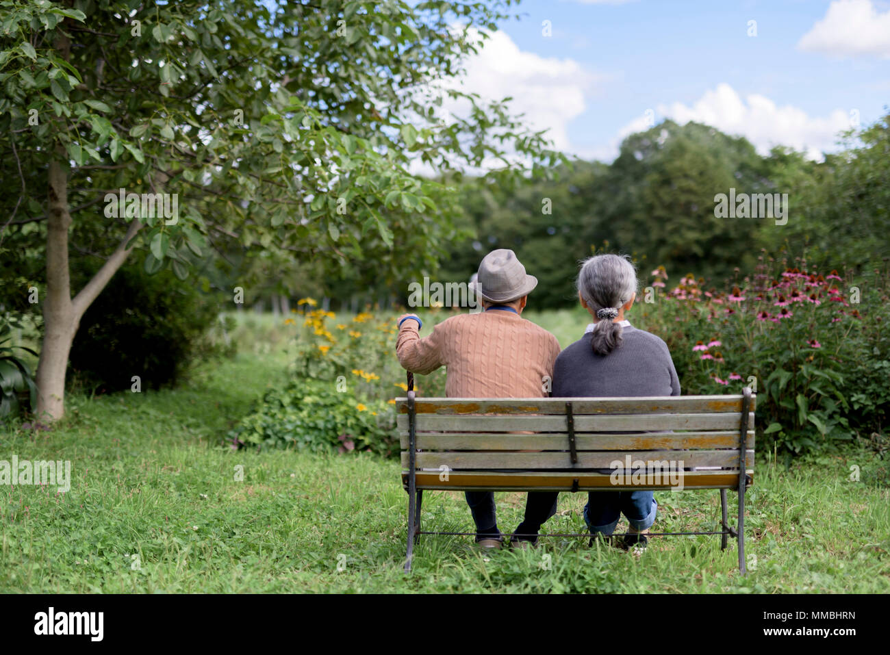 Il marito e la moglie, vista posteriore di uomo anziano che indossa un cappello e donna seduta a fianco a fianco su un banco in un giardino. Foto Stock