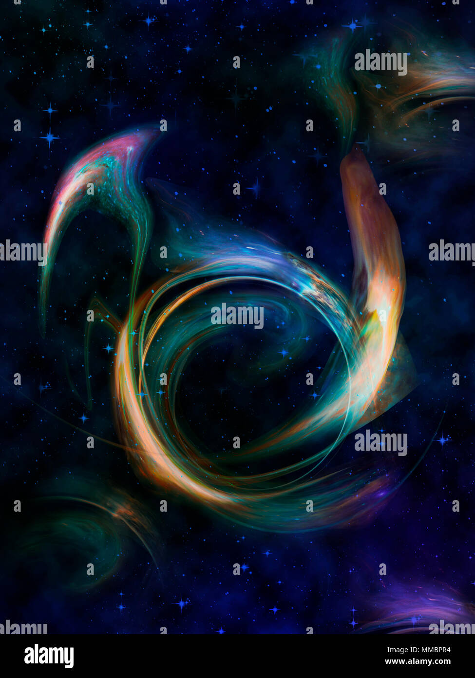 Immagine astratta: contro un buio cielo stellato, una rutilante multicolore vortice cosmico. Foto Stock