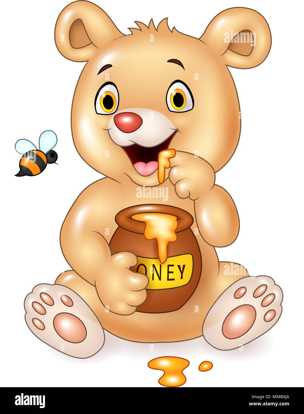 Cartoon funny baby orso holding honey pot isolati su sfondo bianco Foto Stock