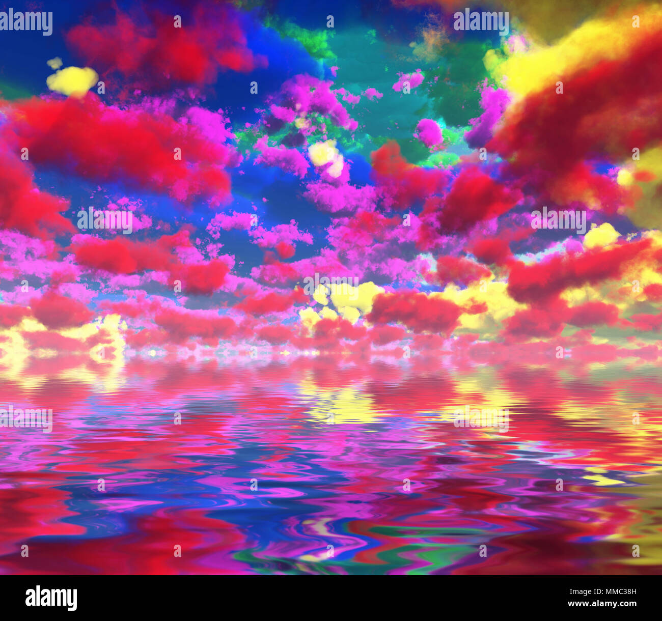 Surreale arte digitale. Le nuvole colorate riflessa nell'acqua. Foto Stock