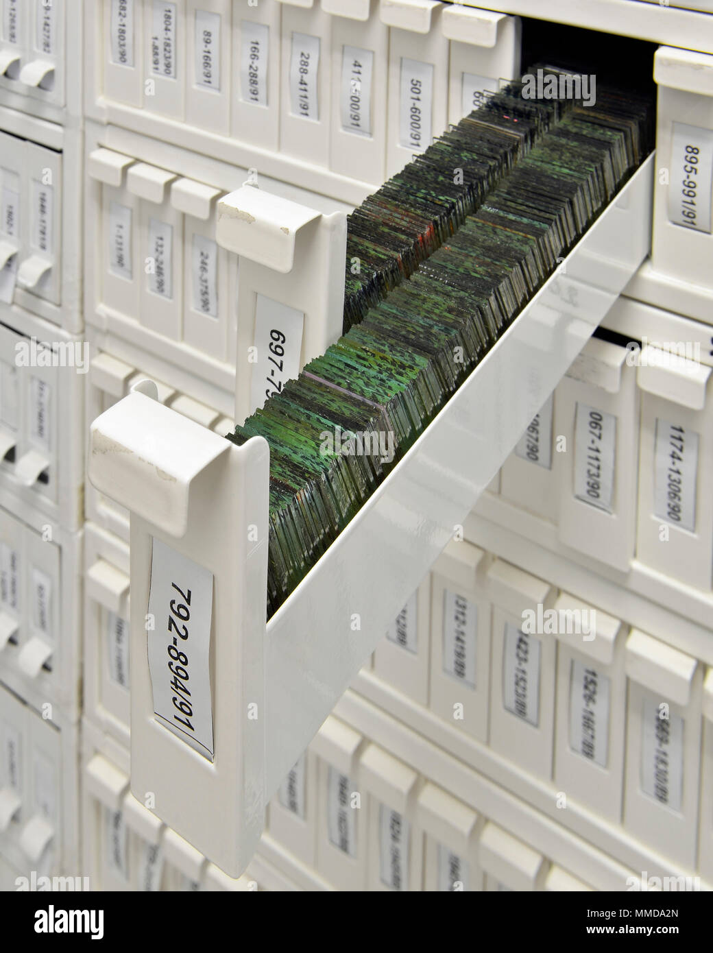 Far scorrere il cabinet per la memorizzazione di microscopio vetrini in vetro Foto Stock