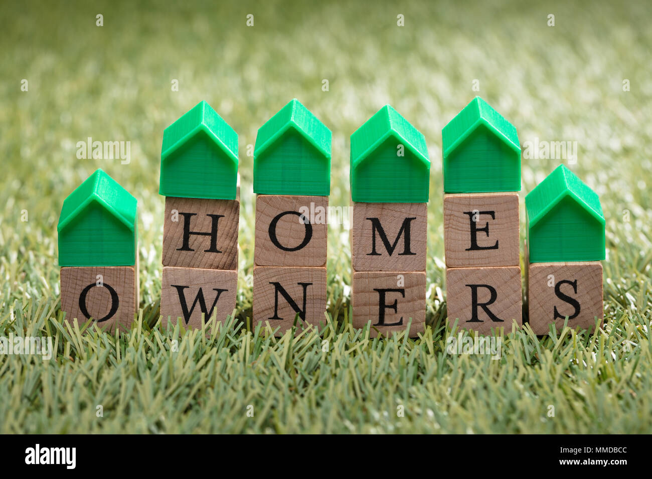 Casa in miniatura Modello oltre il blocco di legno che mostra i proprietari di casa il testo su erba verde Foto Stock
