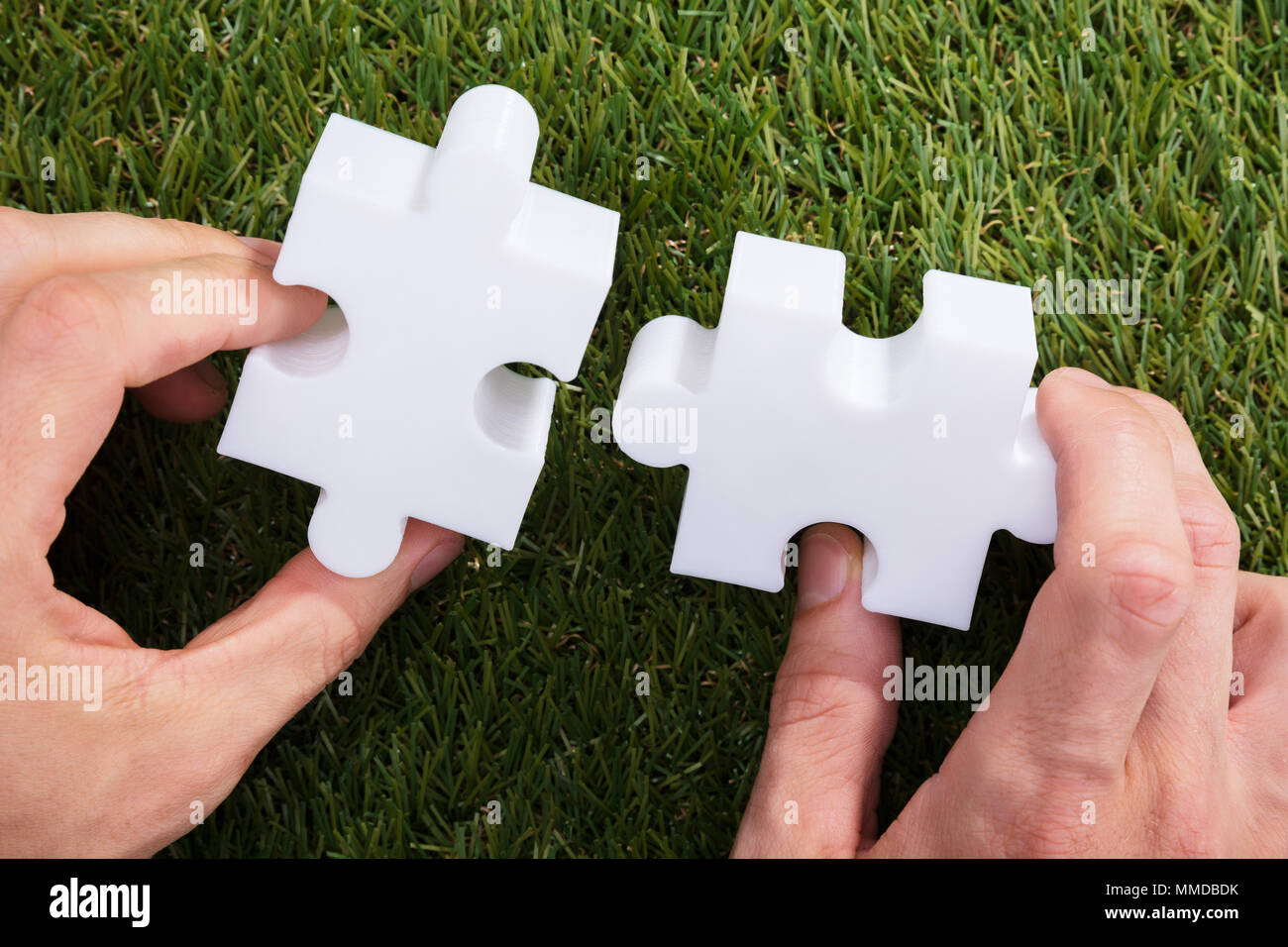 Close-up di una mano umana tenendo due White Jigsaw Puzzle di erba verde Foto Stock