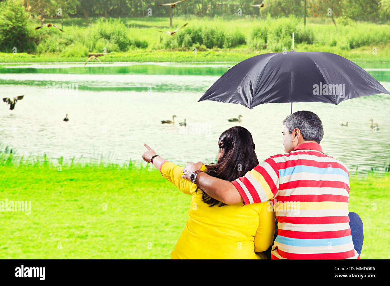 Vista posteriore Married-Couple Senior sotto ombrellone dito che mostra gli uccelli vicino al lago Foto Stock