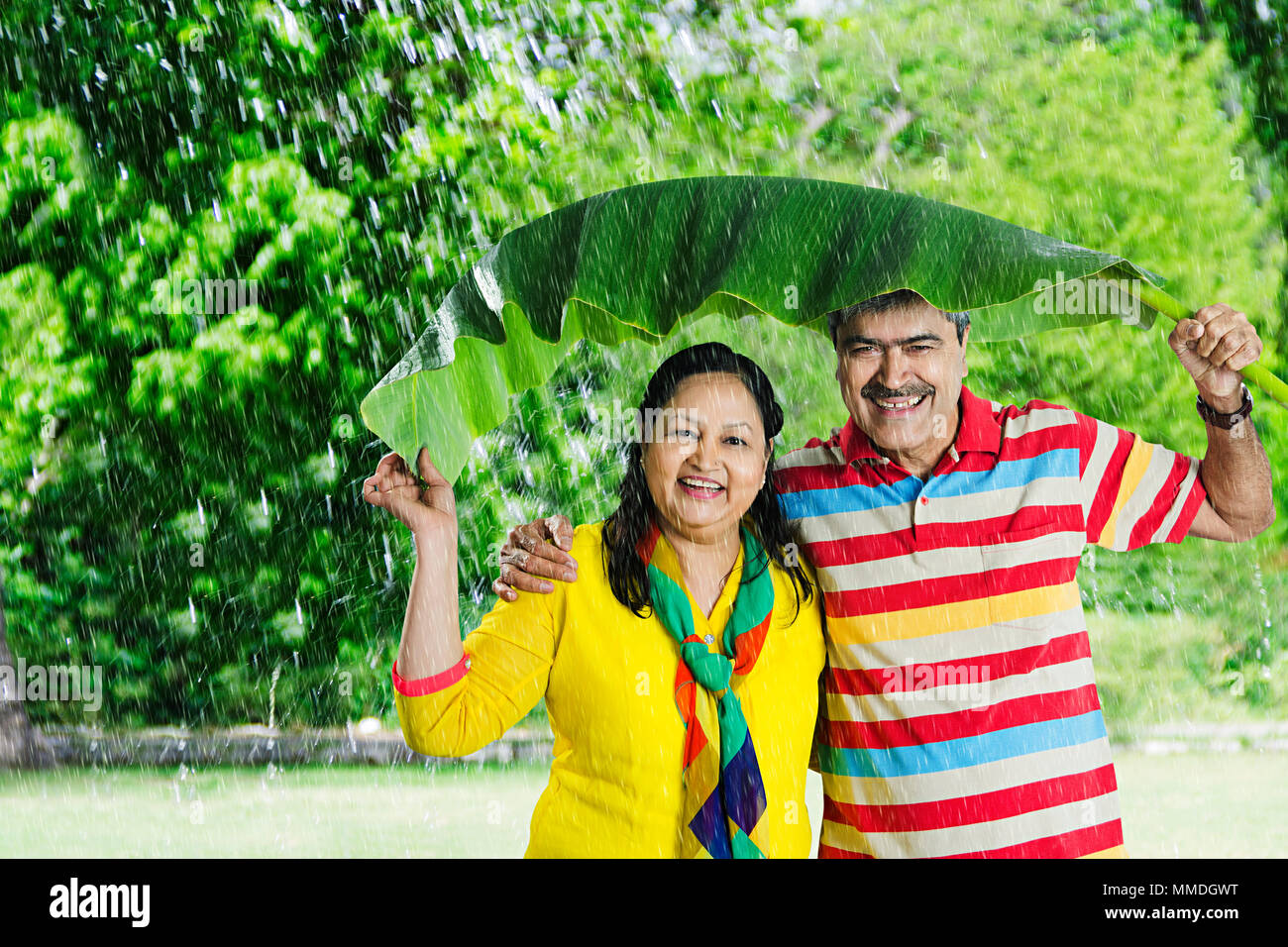 Felice coppia Senior sotto la pioggia Banana-Leaf Summer-Day sicurezza Park Foto Stock