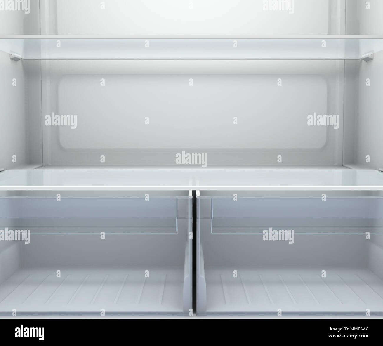 Una vista all'interno di una casa vuota frigo o freezer con ripiani in vetro e cassetti - 3D render Foto Stock