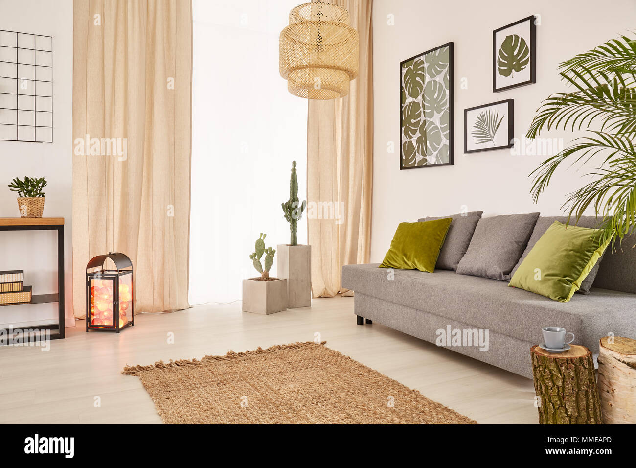 Camera luminosa con divano grigio, verde cuscini, moquette e finestra Foto  stock - Alamy