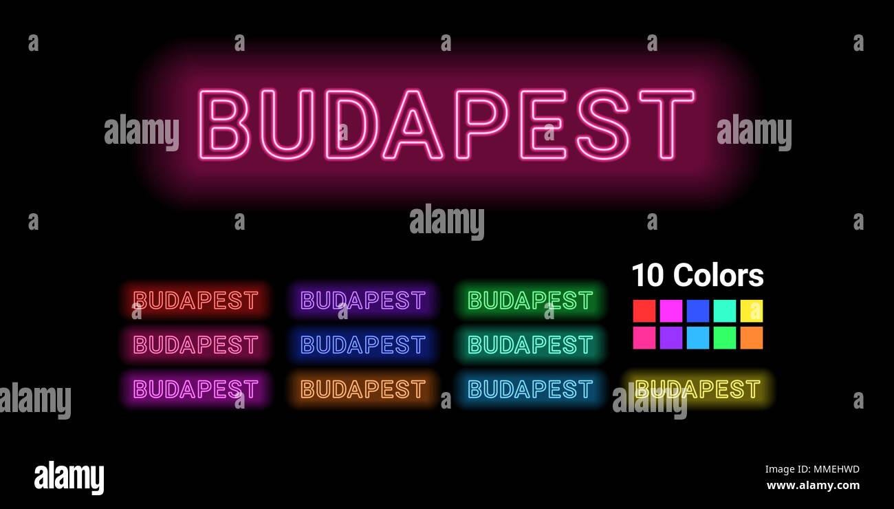 Nome Neon di Budapest City. Illustrazione Vettoriale di Budapest iscrizione costituito da contorni al neon, con retroilluminazione sullo sfondo scuro. Set di dif Illustrazione Vettoriale