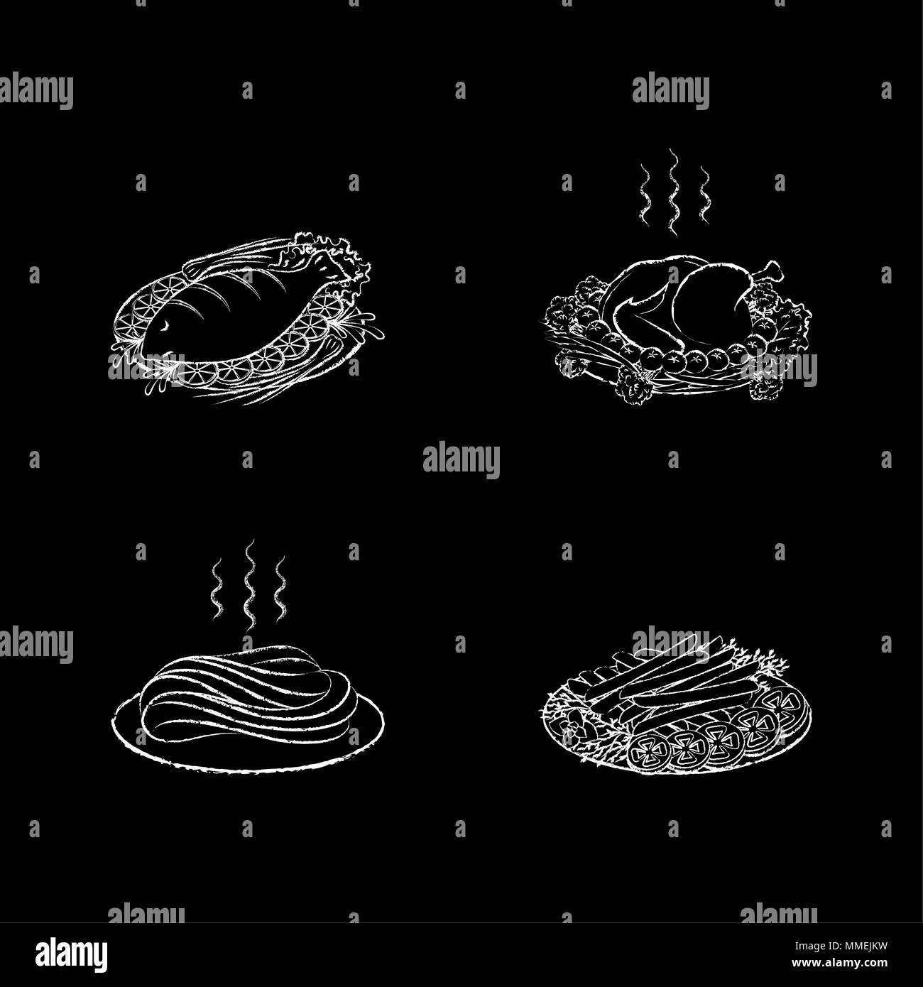 Piatti di carne e pesce per il ristorante cafe menù,disegnato gesso su una lavagna Foto Stock