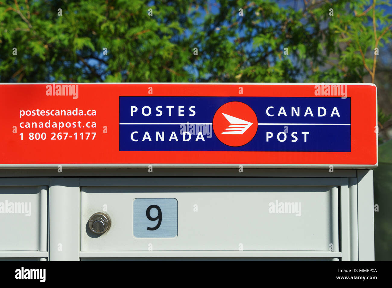 Primo piano di un Canada Post mailbox comunale. Foto Stock