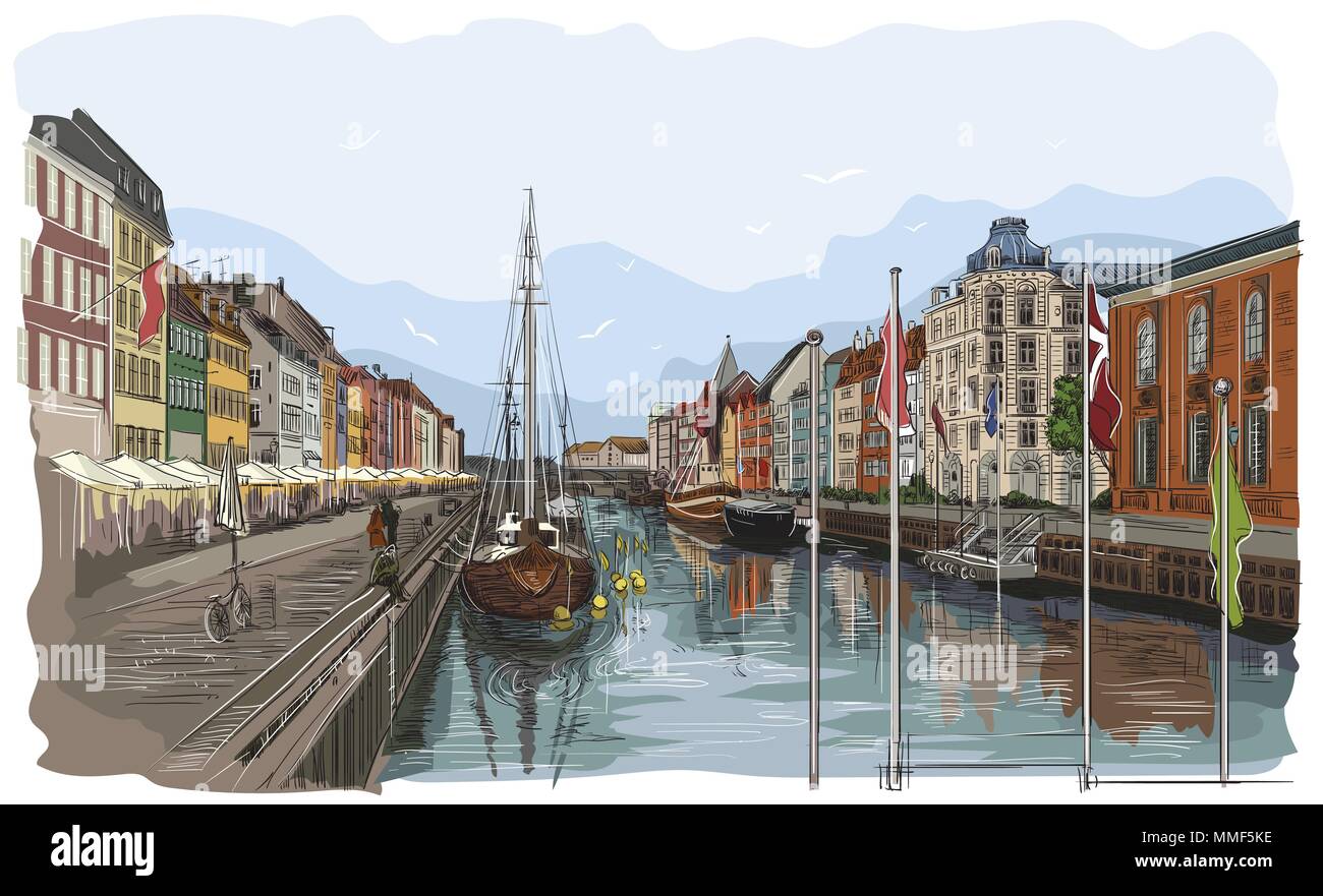Dal molo di Copenhagen, Danimarca. Punto di riferimento della Danimarca. Vector colorato disegno a mano illustrazione isolati su sfondo bianco. Illustrazione Vettoriale