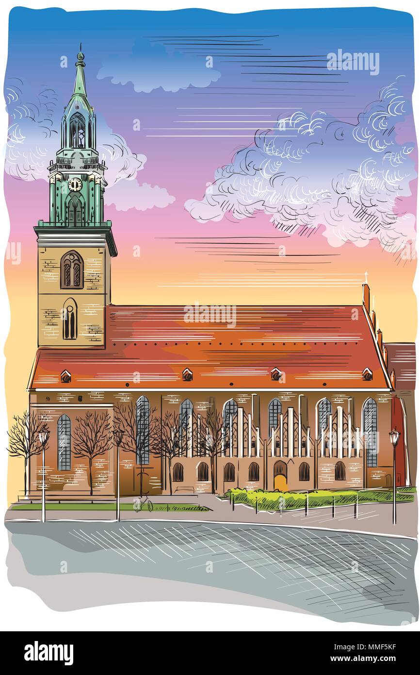 Chiesa di Santa Maria in Berlino (Lubecca), Germania. Punto di riferimento di Berlino. Vector colorato disegno a mano illustrazione isolati su sfondo bianco. Illustrazione Vettoriale